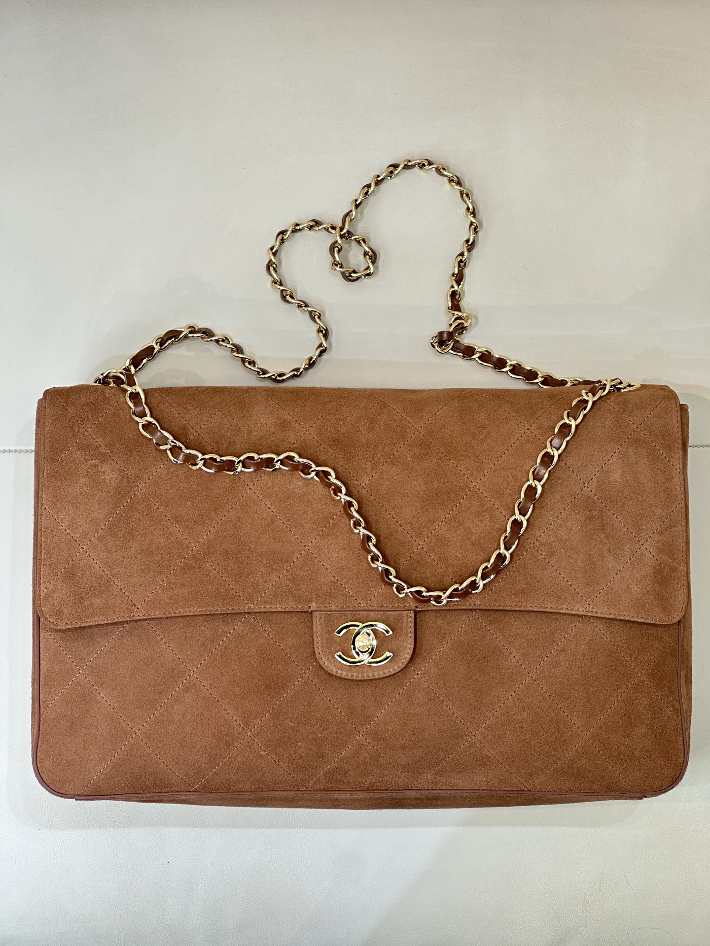 Cha**nel Suede Calfskin Small Souplissimo Maxi Flap Camel -26*38.5*11CM